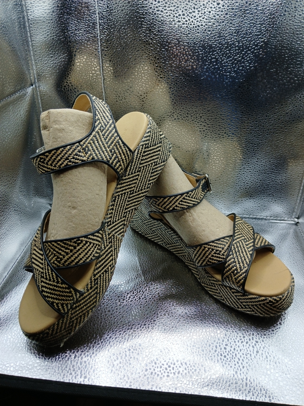 Woven Crisscross Platform Sandals in Black and Tan - Women's Summer Wedges